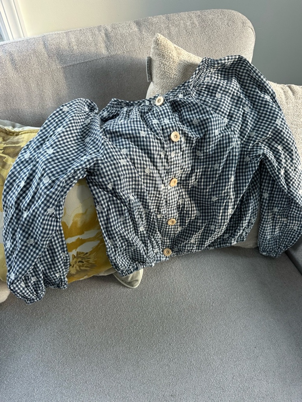 Madewell Navy and White Gingham Puff-Sleeve Blouse - Picture 2 of 4
